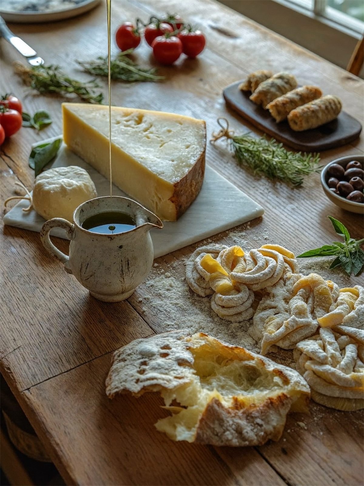 Toskanische Zutaten auf dem Holztisch